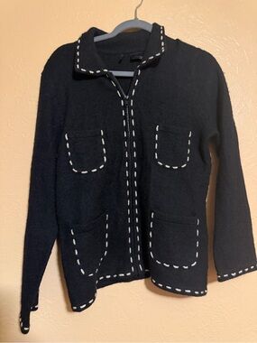 VTG Black Wool Cardigan with White Contrast Stitching